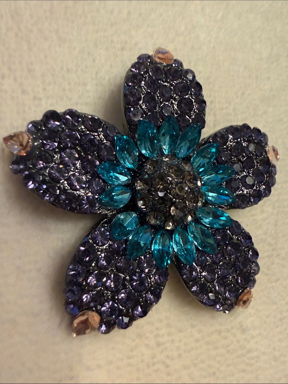 liberty Floral Crystal Brooch in Teal and Purple